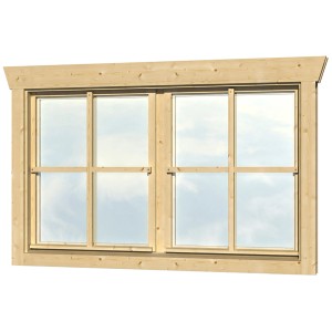 Doppelfenster aus Holz für 45 mm Gartenhaus, 2-teilig, mit Echtglas und Sprossen.