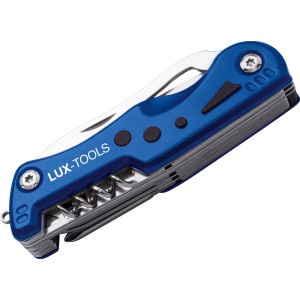 9-teiliges LUX Multitool mit blauem Griff und Edelstahl-Werkzeugen.