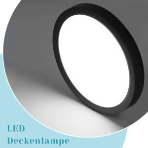 Runde, schwarze NETTLIFE LED Deckenleuchte aus Kunststoff, kaltweißes Licht, spritzwassergeschützt.