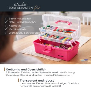 HMF STK901-03 Nähkasten Mit 3 Ebenen Sortierbox Pink 365x205x160 mm Für Nähzubehör Und Handarbeitsmaterial