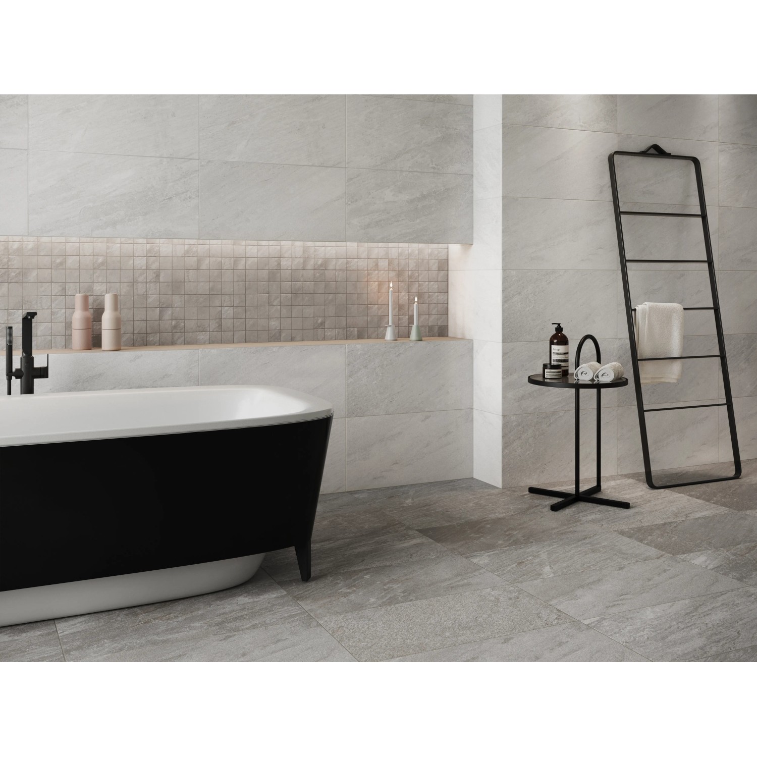 Badezimmer mit Bodenfliese Feinsteinzeug Olympus Weiß, 59,7x29,7 cm, matte Steinoptik.