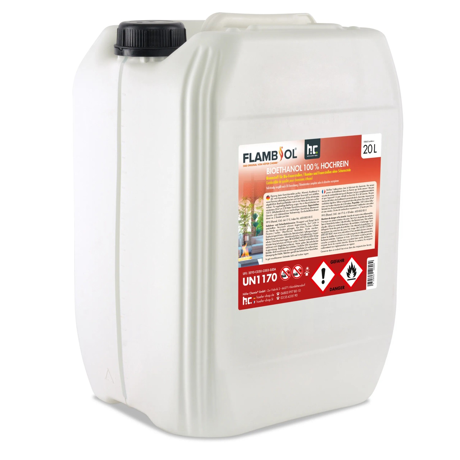 Kanister Flambiol Bioethanol 100% hochrein, 20 Liter für Kamine & Deko-Feuer.