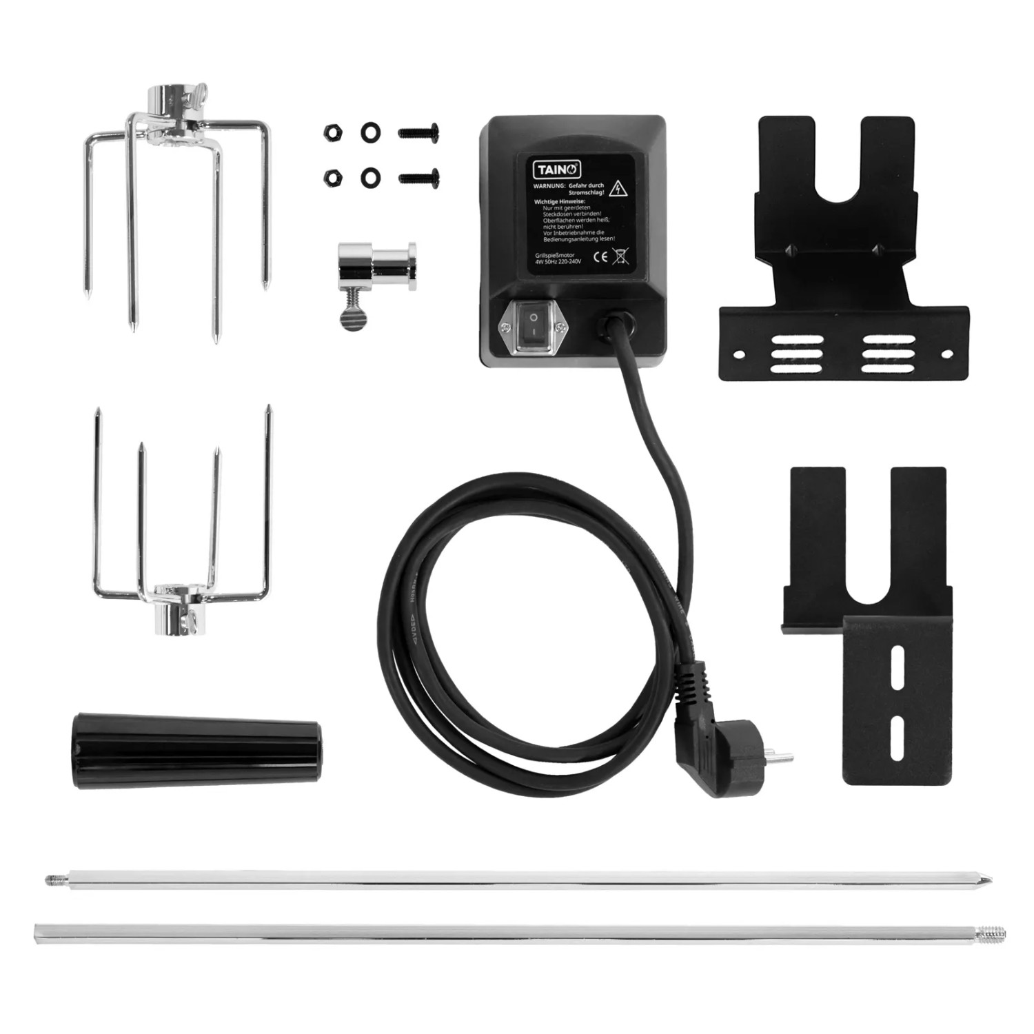 Taino Red Gasgrill Set: Drehspieß mit Motor, Spießgabeln, Halterungen und Zubehör für den Grillwagen.