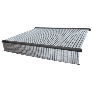 MCW Kassettenmarkise 5x3m, grau/weiß gestreift mit Volant, ausfahrbar. Ideal für Terrasse und Balkon.