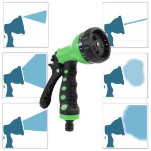 Grün-schwarze Gartenschlauch-Sprühpistole mit 7 einstellbaren Sprühfunktionen für die Bewässerung.