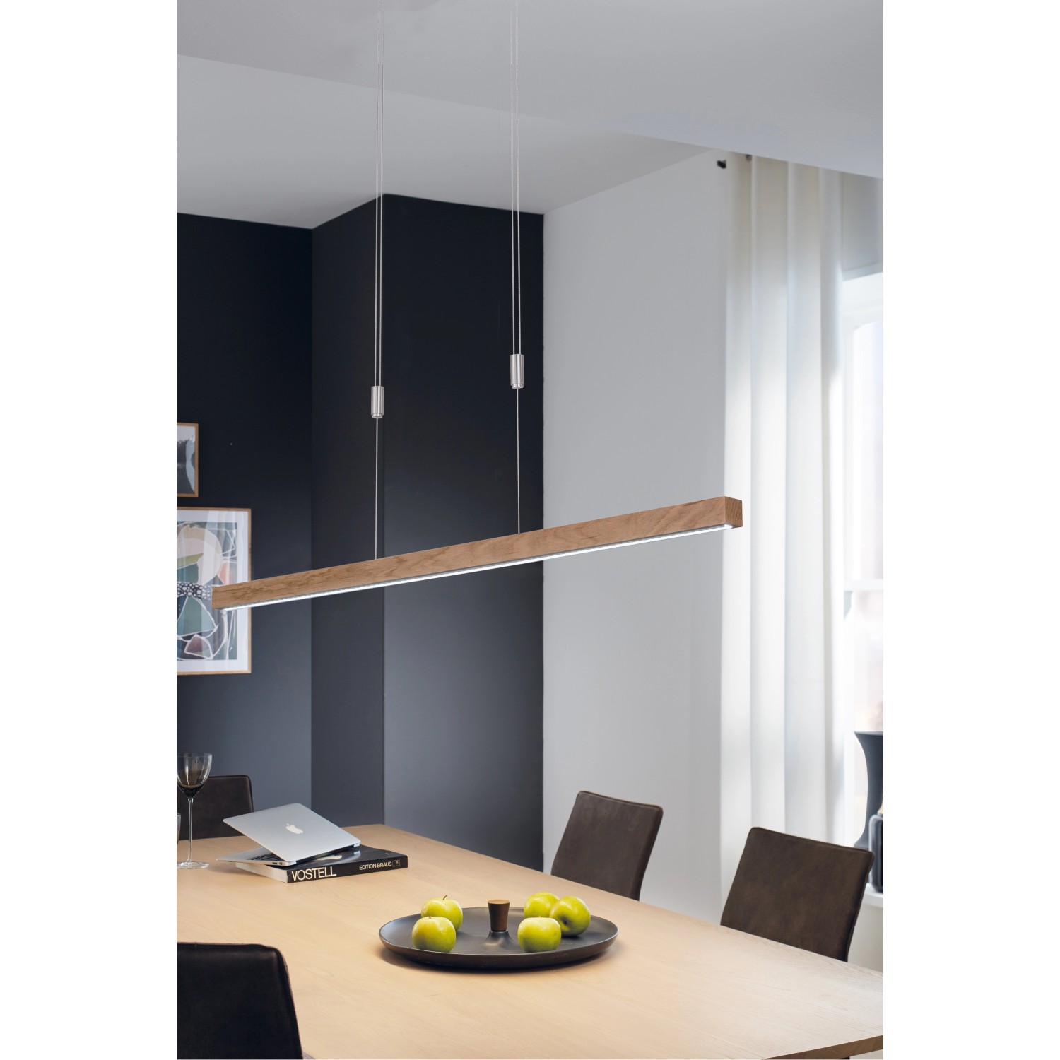 Moderne LED-Pendelleuchte Straßburg von Fischer & Honsel mit Holz-Optik, 24 W, 2400 lm.