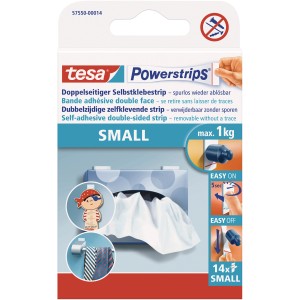 Tesa Powerstrips Small, 14 Stück, weiße Klebestreifen zum einfachen Anbringen und Entfernen von Objekten.