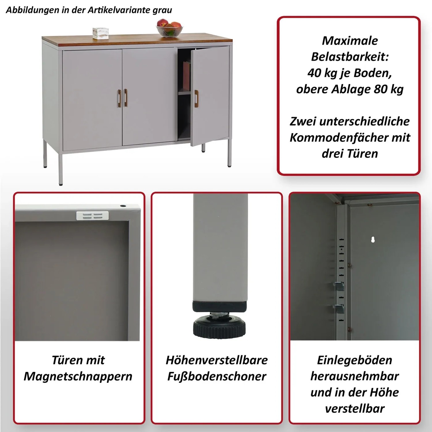 Weiße MCW Kommode L84-3 mit 3 Türen und Holzplatte. Schubladenkommode mit Stauraum.