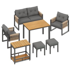 okwish Gartenmöbel Lounge mit Geflochtene Armlehnen Multifunktionaler Tisch und Sitzkissen Grau