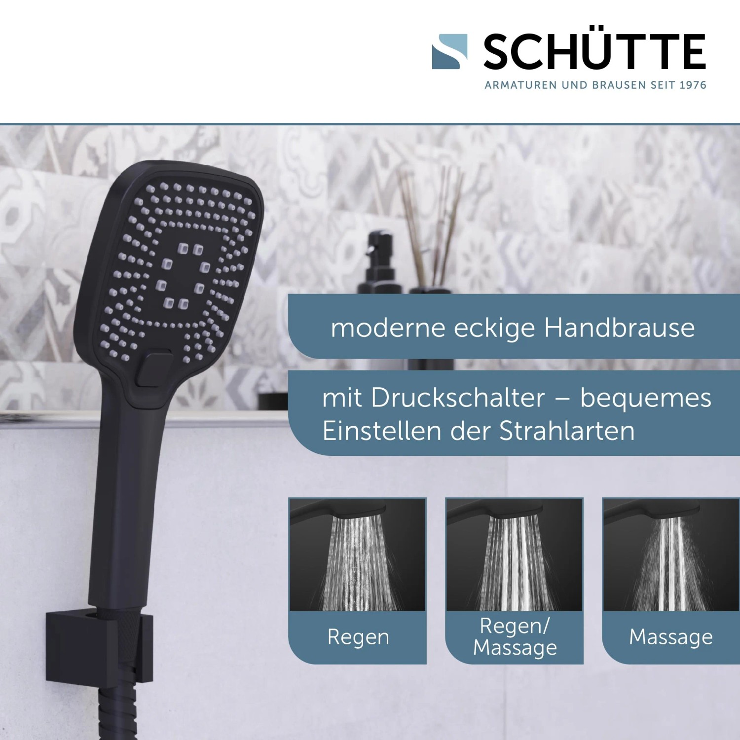 Schütte Handbrause Ravenna, eckig, schwarz matt. Brause mit verschiedenen Strahlarten.