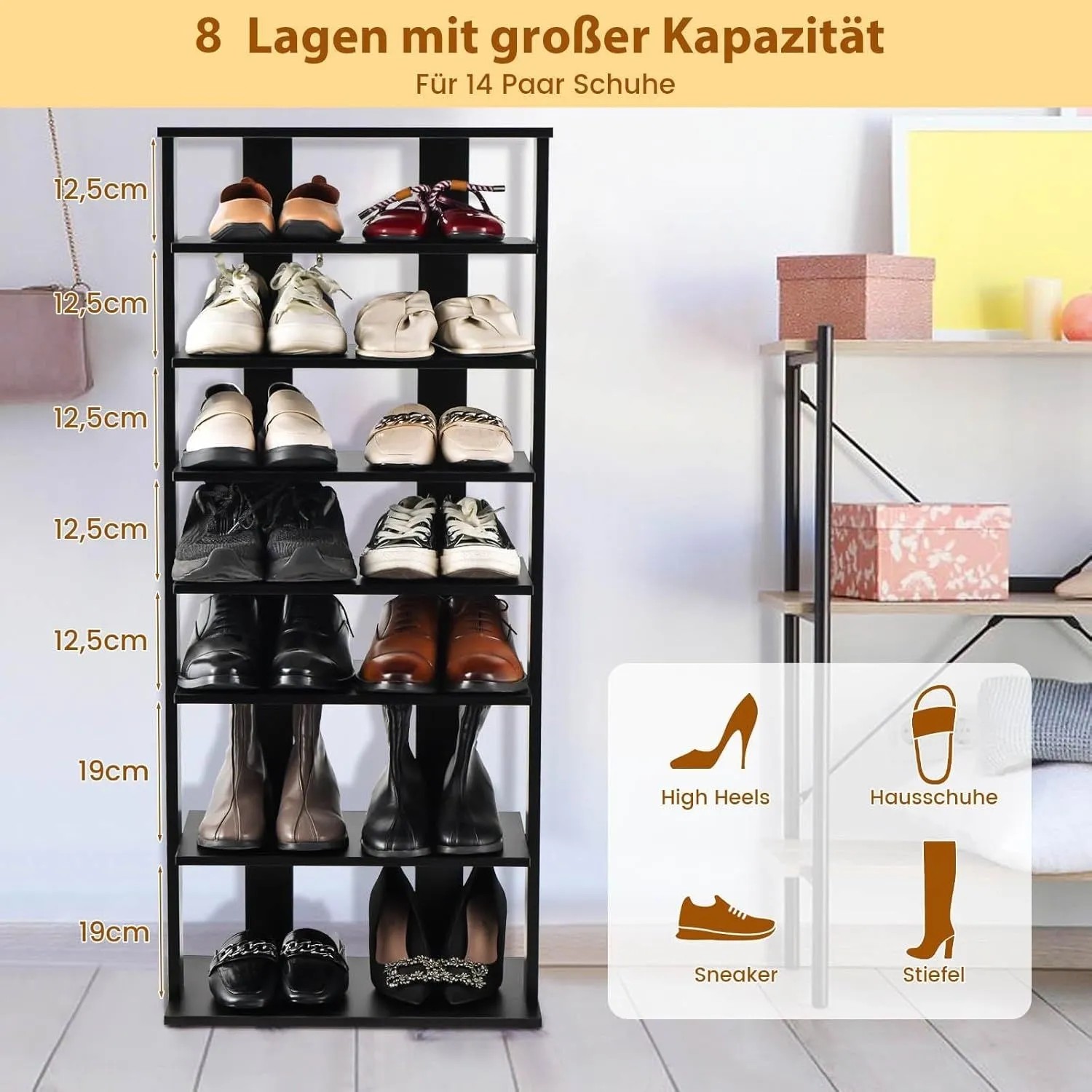 Schwarzes, höhenverstellbares Schuhregal aus Holz mit 8 Ebenen für ca. 14 Paar Schuhe.