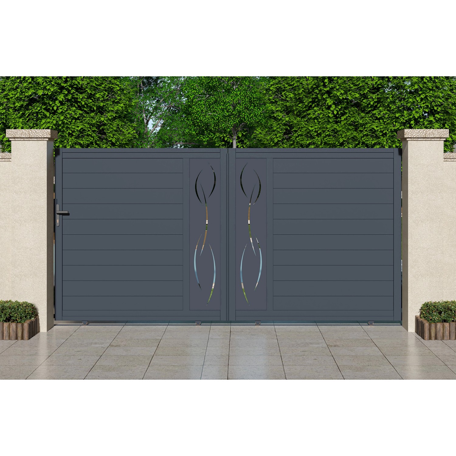 Graues Casanoov Schiebetor aus Aluminium, 3,5 m breit, mit modernem Life-Design für Gartenzufahrten.