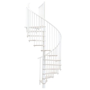 Weiße Minka Spindeltreppe Switch, Ø 120 cm, für Innenräume. Holzstufen und Stahlkonstruktion.
