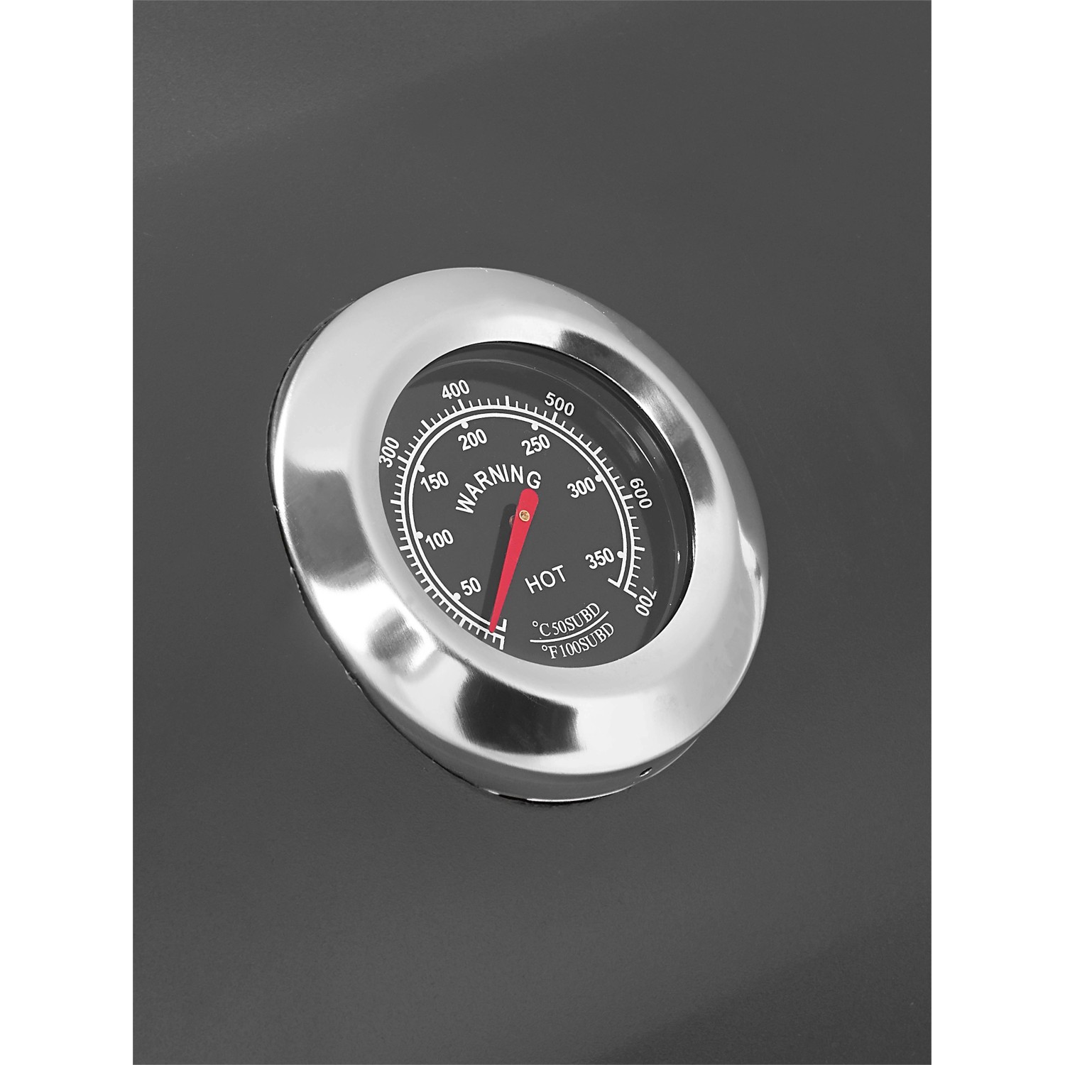 Detailaufnahme des Thermometers am Jamestown Kombigrill Drake. Temperaturanzeige.