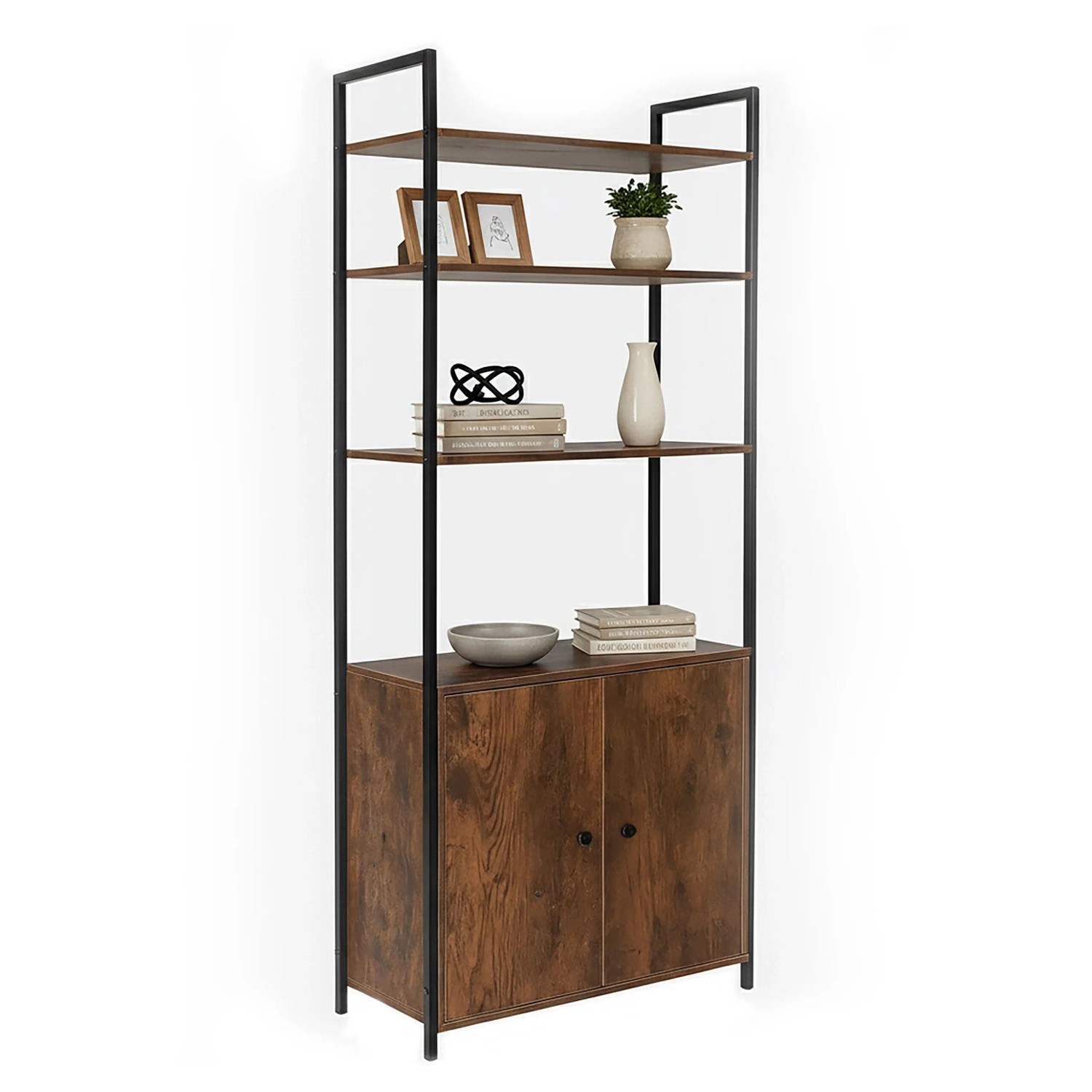 Relaxdays Bücherregal mit Unterschrank MDF Eisen Vintagebraun Höhenverstellbar Kippsicher 159,5 cm x 60 cm x 24 cm 14,4 kg