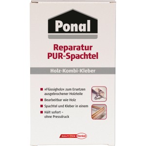 Verpackung Ponal Reparatur Pur-Spachtel, Holzspachtelmasse in Beige/Holzfarben.