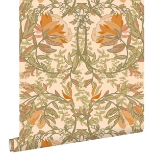 ESTAhome Tapete Blumenmuster im Jugendstil Grün und Orange 50 x 900 cm