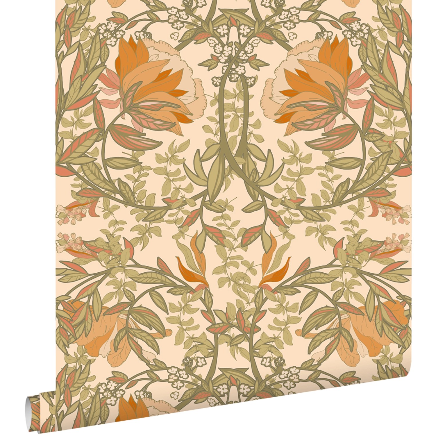 ESTAhome Tapete Blumenmuster im Jugendstil Grün und Orange 50 x 900 cm günstig online kaufen