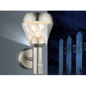 Moderne Globo LED-Außenwandleuchte MONTE aus Edelstahl mit Bewegungsmelder.