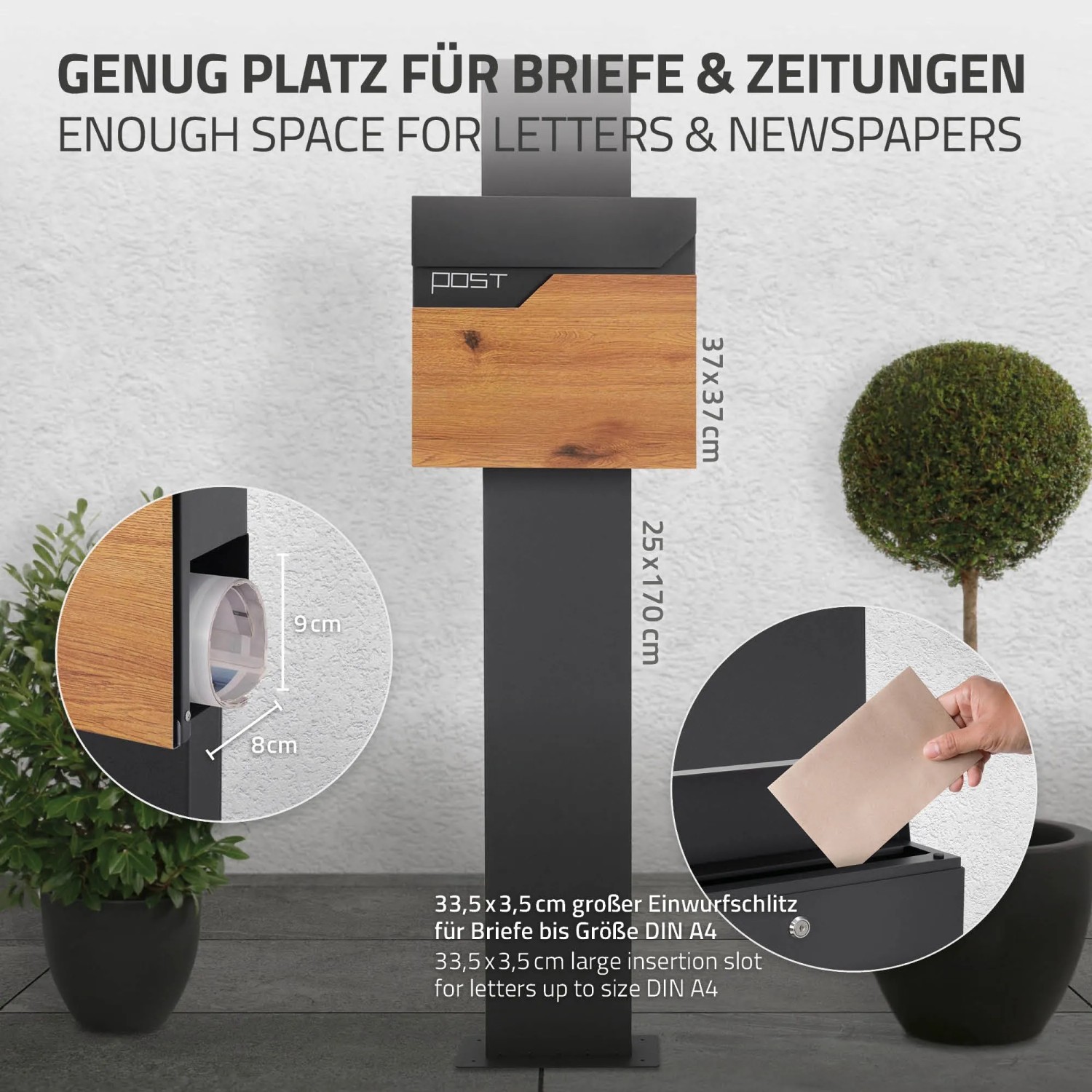 ML-Design Standbriefkasten in Anthrazit mit Holzoptik und Zeitungsfach. Moderner Briefkasten mit Ständer.