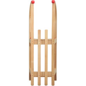 Zusammengeklappter Rudisport Schlitten Davos aus Holz, 110 cm, mit roten Kunststoffkappen.
