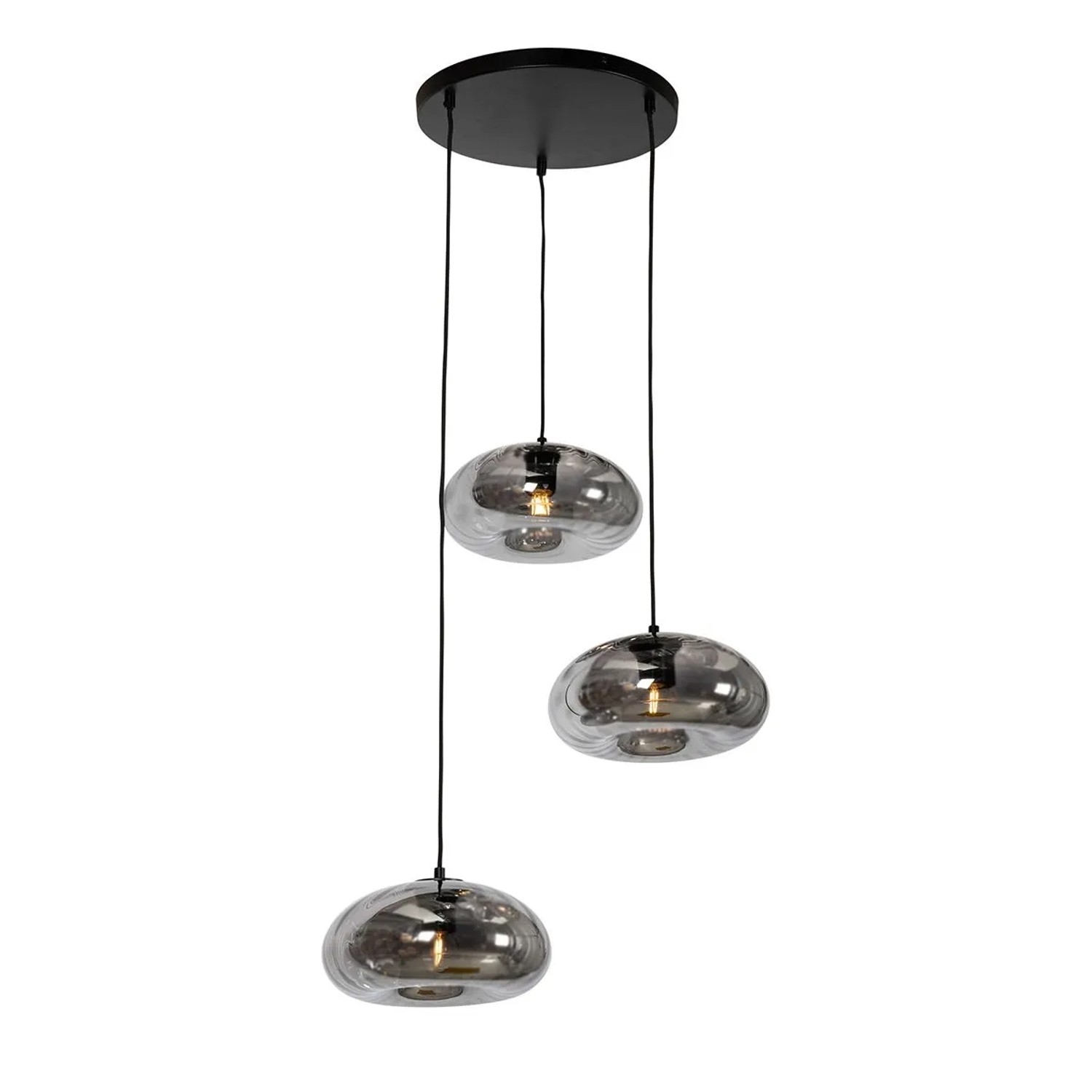 QAZQA Art Deco Hängelampe Schwarz mit Rauchglas Rund 3 Flammig   Ayesha