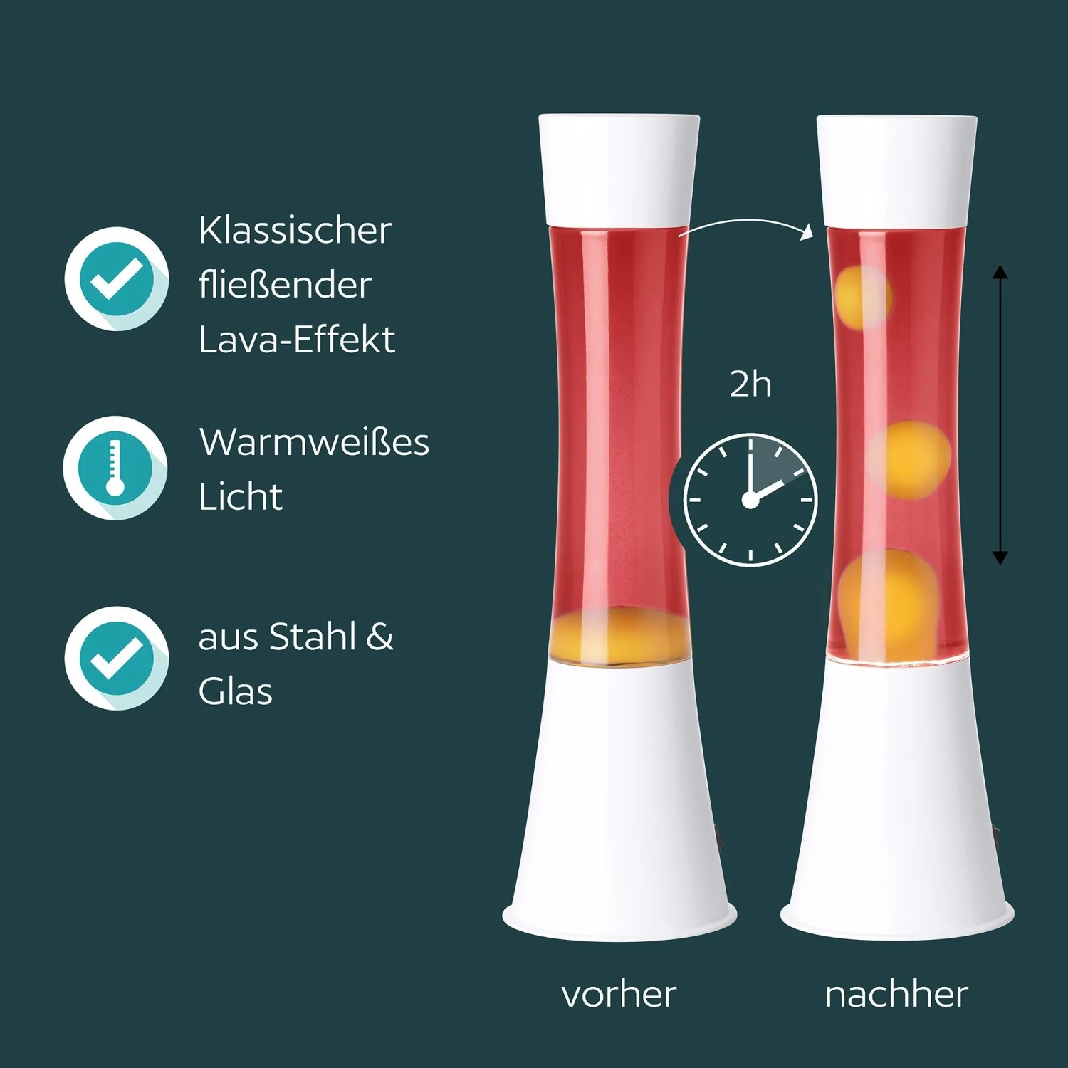 Eglo LED-Lavatischleuchte in Weiß mit bordeauxroter Flüssigkeit und orangem Wachs. Darstellung des fließenden Lava-Effekts nach 2h.