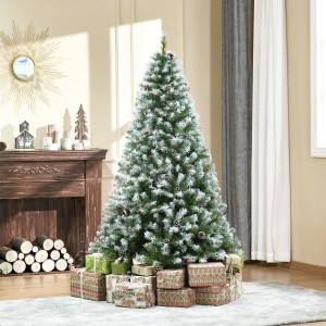 HOMCOM künstlicher Weihnachtsbaum, 180 cm, mit Schnee und Zapfen, geschmückt mit Geschenken.