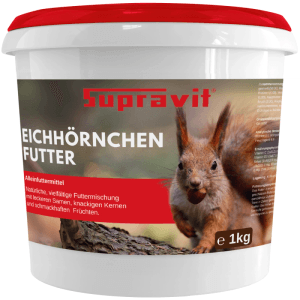 Eimer Supravit Eichhörnchenfutter mit Abbildung eines Eichhörnchens.