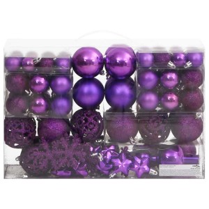 111-teiliges Weihnachtskugel-Set in Lila mit matten, glänzenden und glitzernden Kugeln, Sternen, Schneeflocken.