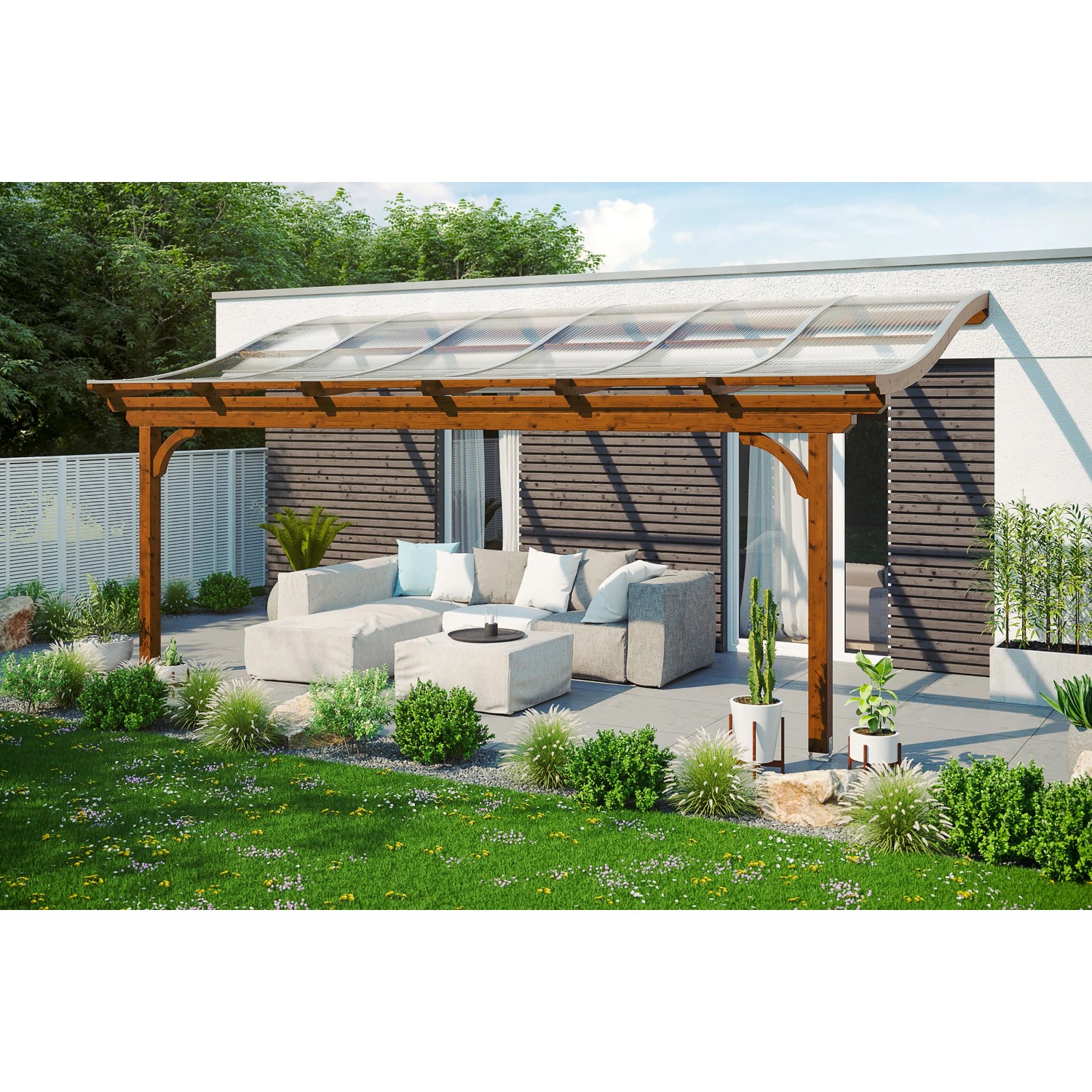 Skan Holz Terrassenüberdachung Verona 648 x 389 cm Leimholz Nussbaum