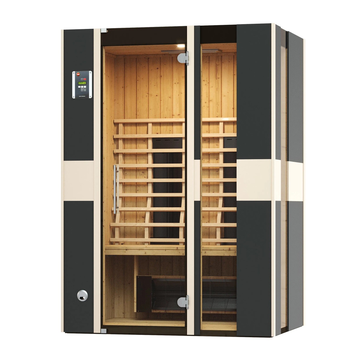 Weka Infrarotkabine Mila 2 Sparset mit Glastür, Holzverkleidung und Zubehör.