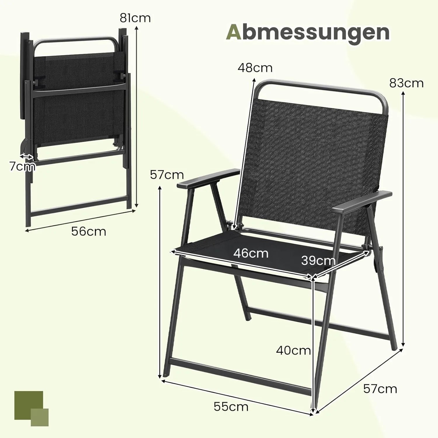 Costway 2er Set Gartenstühle, klappbar, mit Armlehnen, schwarz, Maße dargestellt.