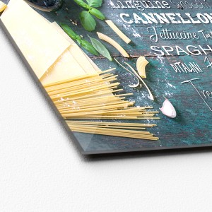 Quadratisches Glasbild „Kochkreation II“ 20x20 cm mit Pasta-Motiv für die Küche.