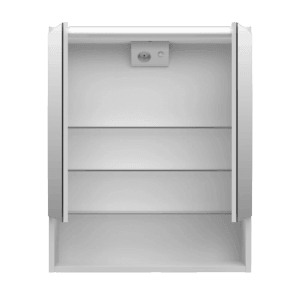 Offener, weißer Jokey Spiegelschrank Prent 60 cm mit Glasablagen und Steckdose.