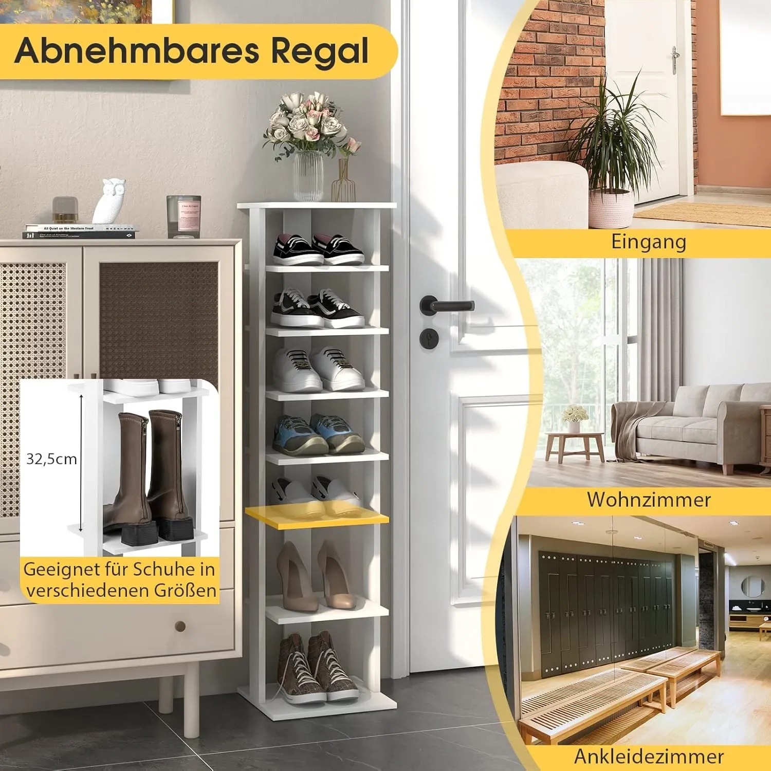 Weißes, schmales 8-stufiges Schuhregal aus MDF mit höhenverstellbaren Fächern, ideal für Flur und Eingang.