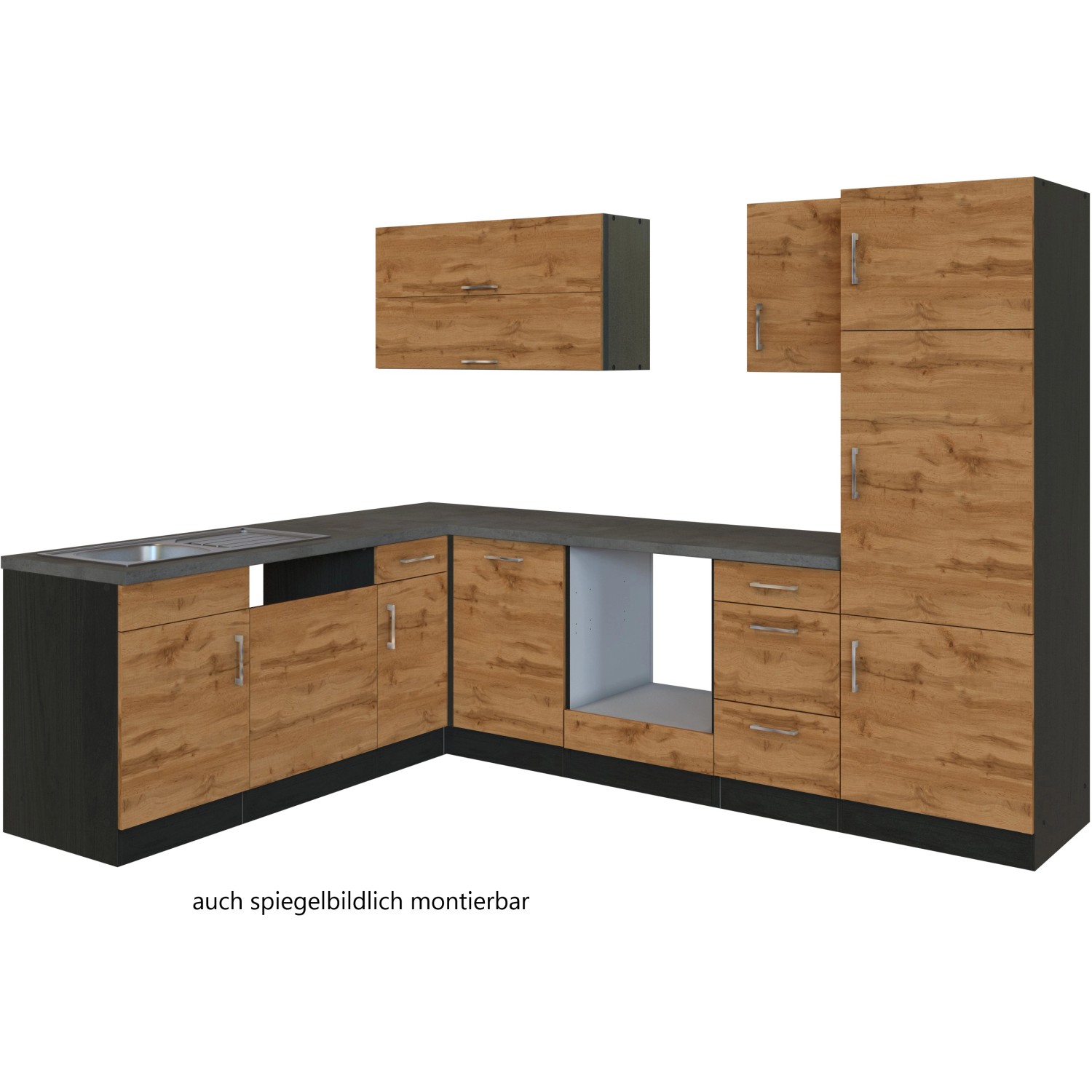 Held Möbel Winkelküche Sorrento in Wotaneiche-Grafit Optik, ohne E-Geräte.