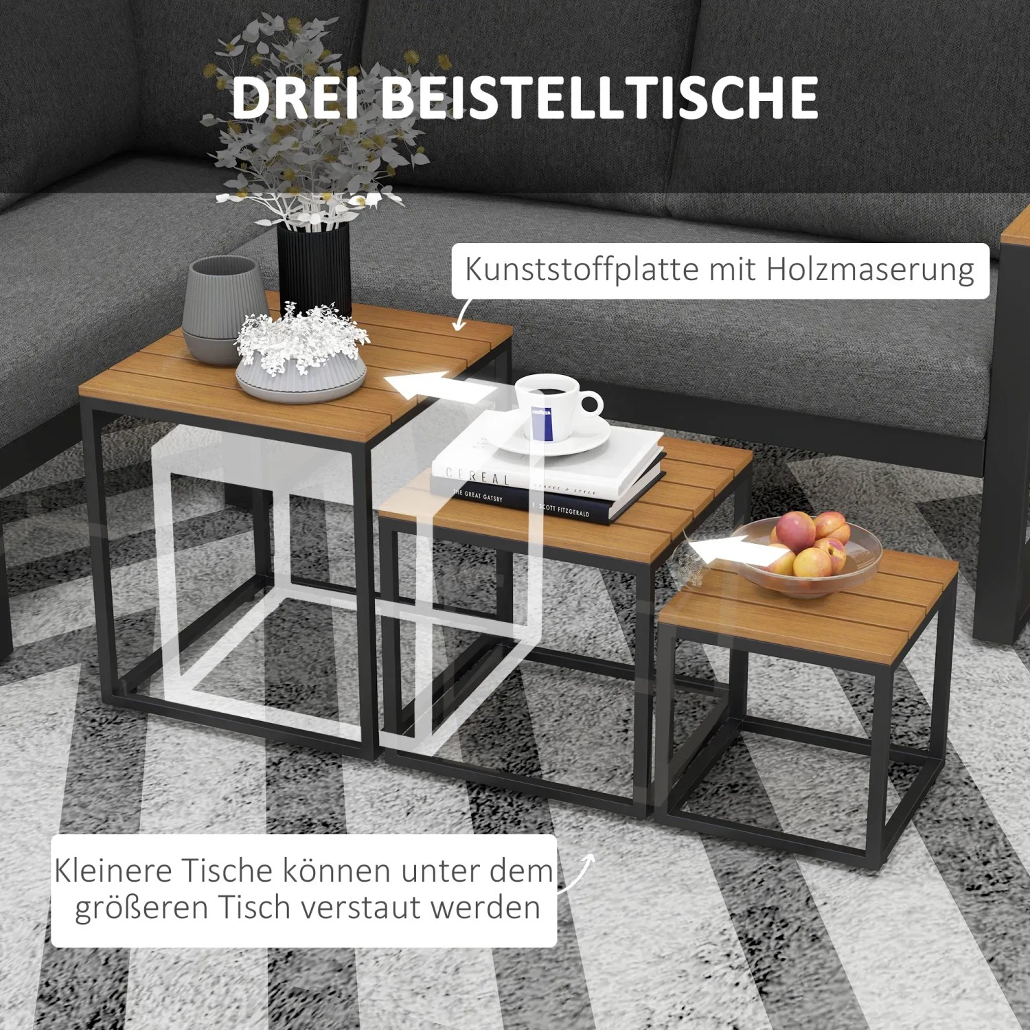 Outsunny 3er Set Beistelltische für Garten Sofa Set, Aluminium, Holzoptik. Praktisch verstaubar.