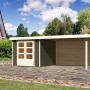Terragraues Karibu Holz-Gartenhaus Boras mit Flachdach und Anbau. Gartenlaube mit Doppeltür.