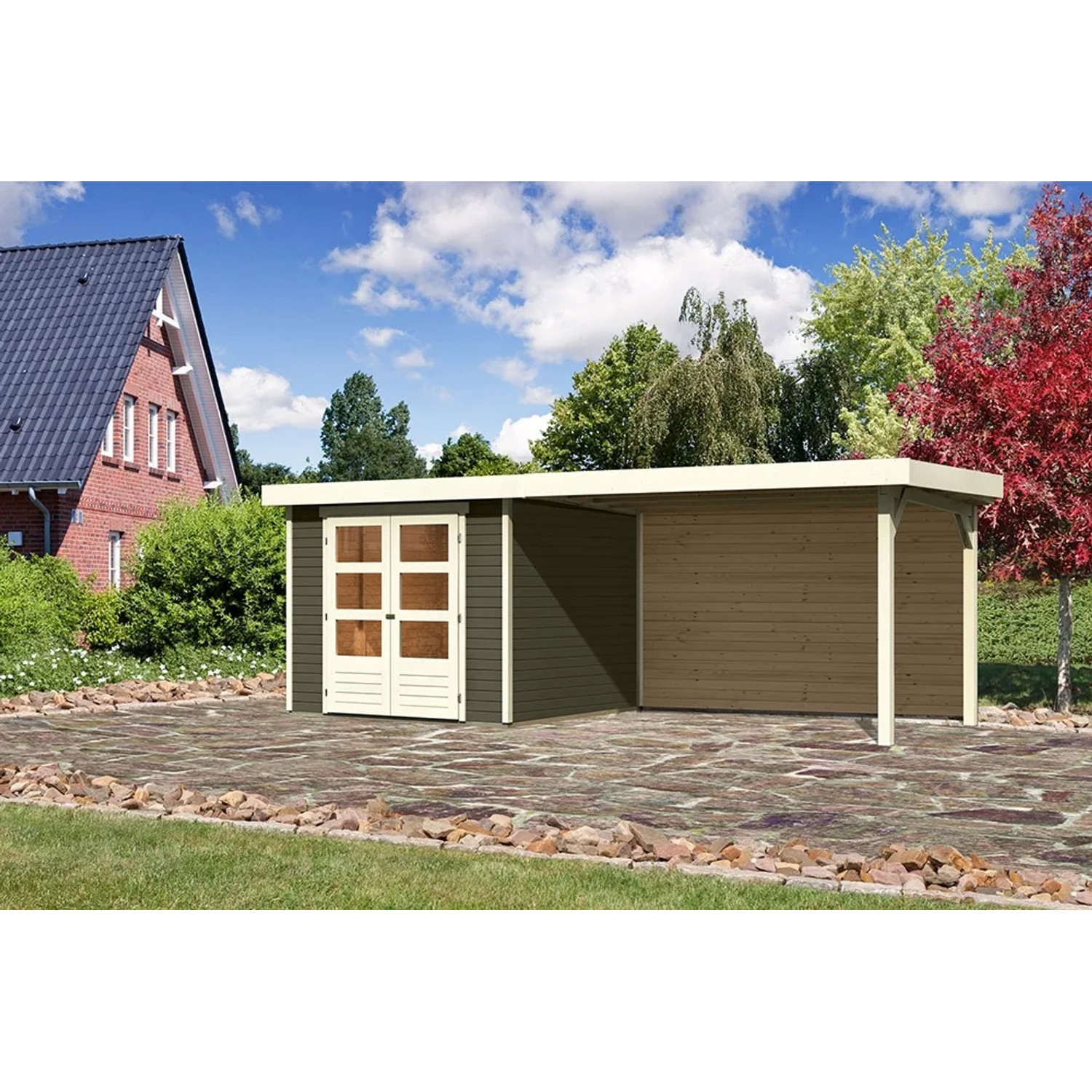 Terragraues Karibu Holz-Gartenhaus Boras mit Flachdach und Anbau. Gartenlaube mit Doppeltür.