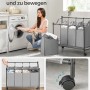 Songmics Wäschesammler mit 4 Fächern (140 l) in Grau. Wäschekorb mit Rollen und herausnehmbaren Säcken.