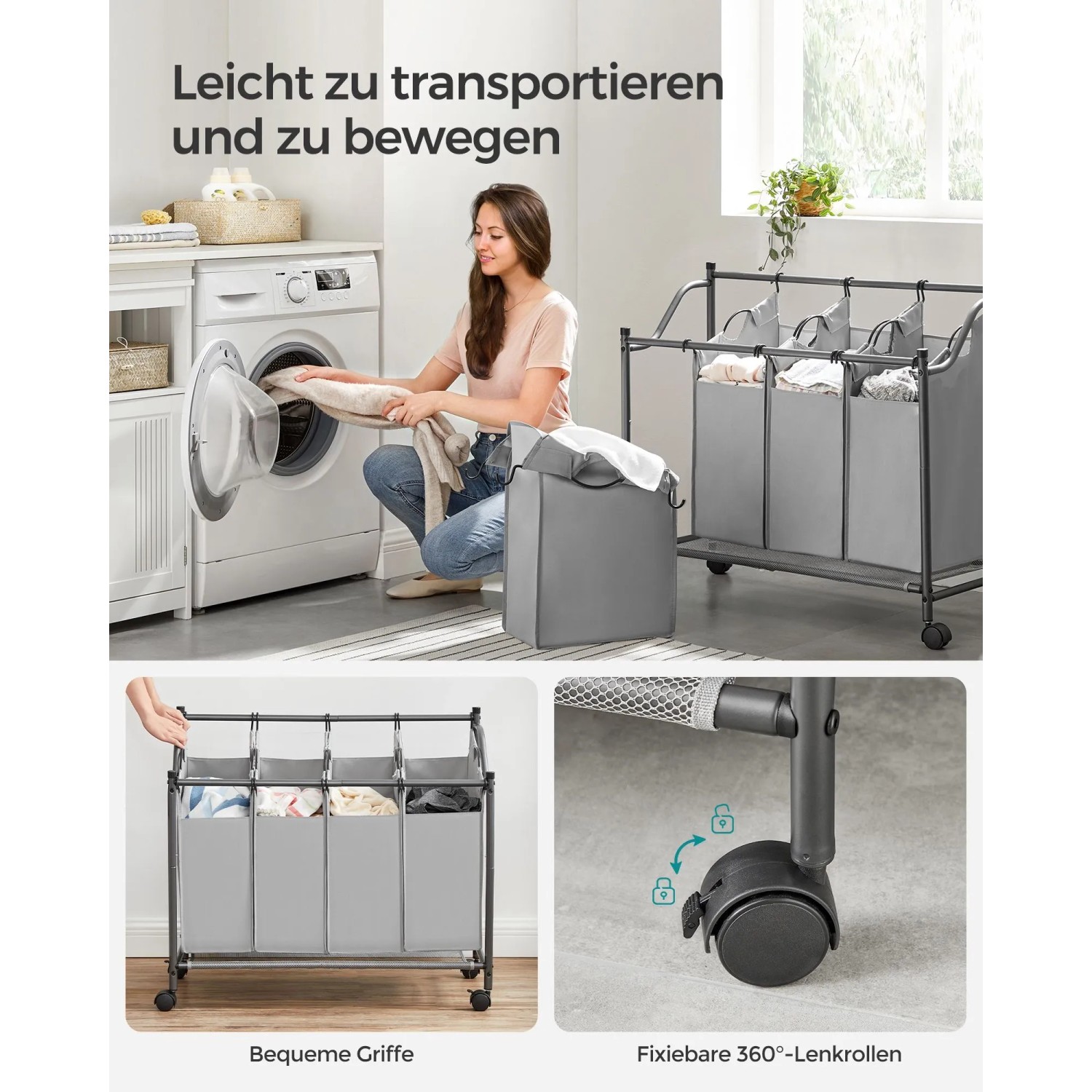 Songmics Wäschesammler mit 4 Fächern (140 l) in Grau. Wäschekorb mit Rollen und herausnehmbaren Säcken.