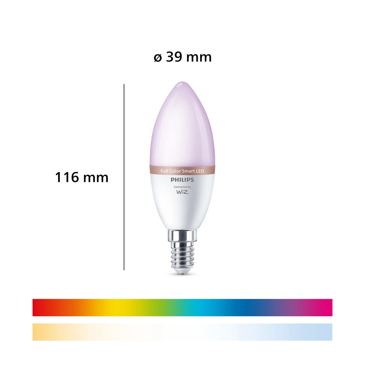 Philips Smart LED E14 Kerzenlampe, RGB & Weißtöne, 116x39mm. Farbspektrum unten sichtbar.