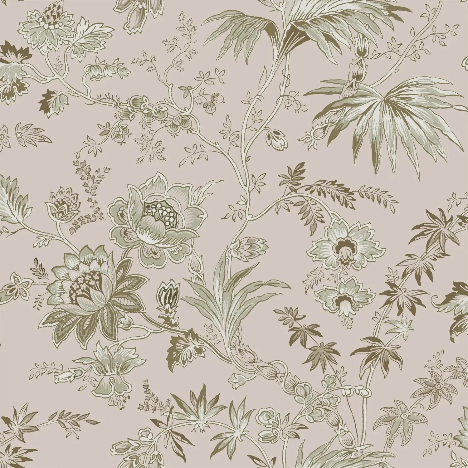 ESTAhome Vliestapete mit Blumenmuster in Altrosa und Olivgrün.