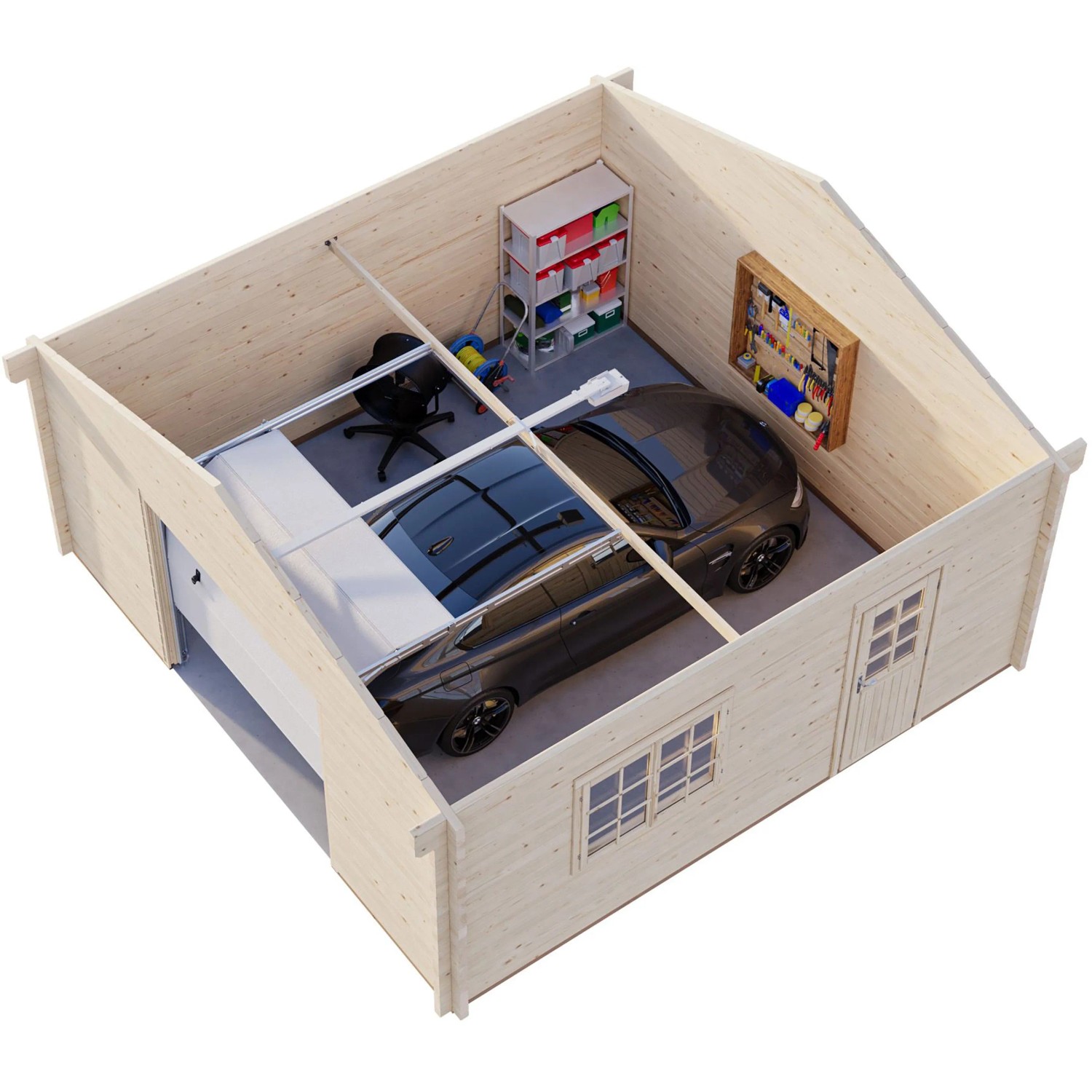 Holzgarage Palmako Roger mit Sektionaltor, braun tauchgrundiert, Innenansicht mit Auto, Regal und Werkzeugwand.