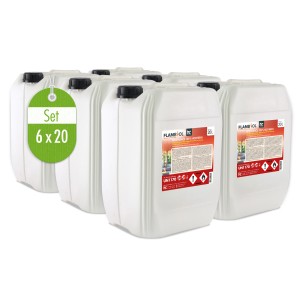 Set aus 6 Kanistern Flambiol Bioethanol 100% Hochrein, je 20l, für Kamine & 3D-Druck.
