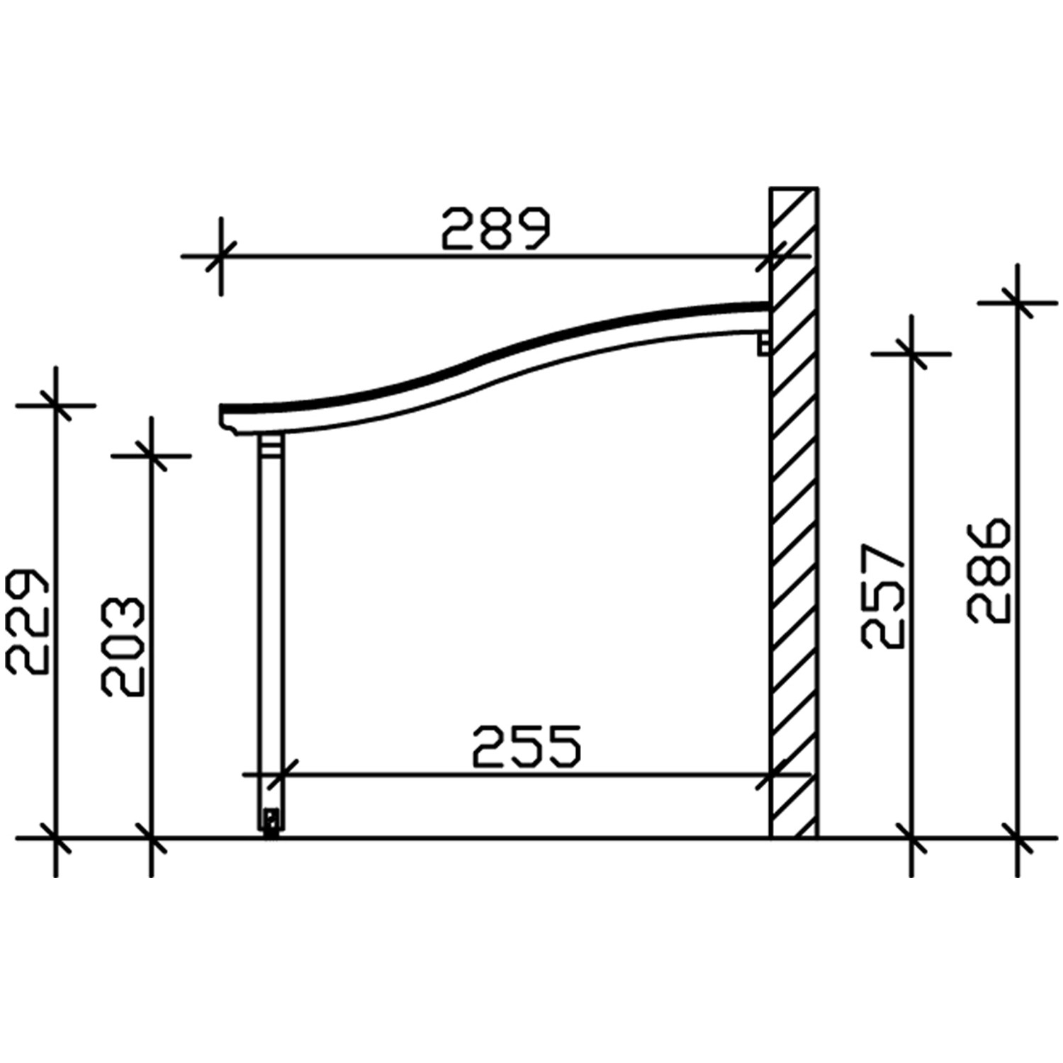 Technische Zeichnung der Skan Holz Terrassenüberdachung Venezia, Maße in cm.