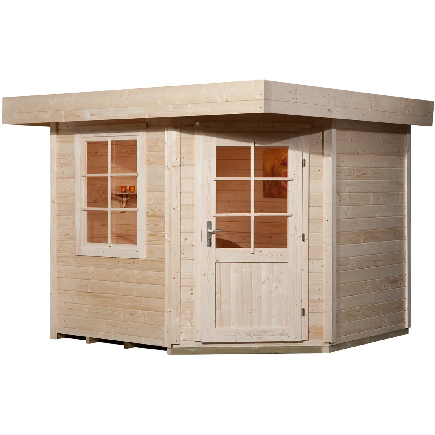 Unbehandeltes Weka Holz-Gartenhaus mit Flachdach, 298x338 cm. Gartenhaus mit Fenster und Tür.
