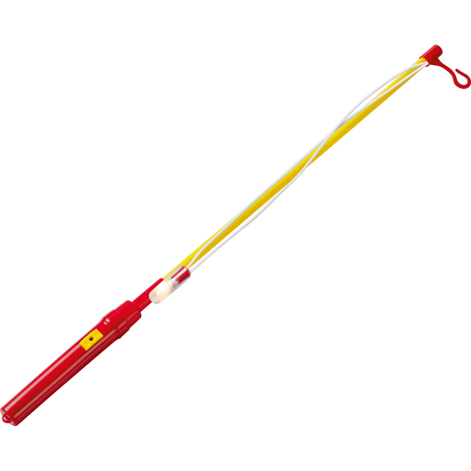 Roter Laternenstab, 49 cm, mit gelbem Leuchtband und Aufhängehaken für Laternen.