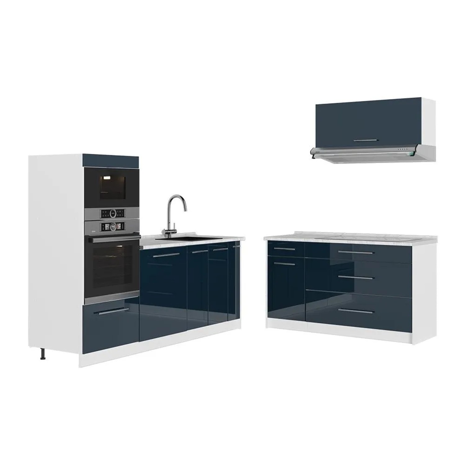 Vicco Küchenzeile Fame-Line Dunkelblau Hochglanz/Weiß 340 x 154 AP Marmor Art Nr 63936